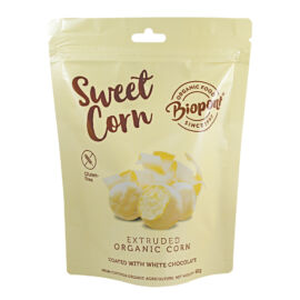 Biopont bio sweet corn fehércsokoládéval bevont extrudált kukorica, gluténmentes 60 g