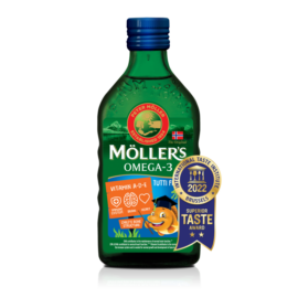 Möllers omega-3 halolaj étrend-kiegészítő a, d és e-vitaminnal, tutti-frutti ízesítéssel 250 ml