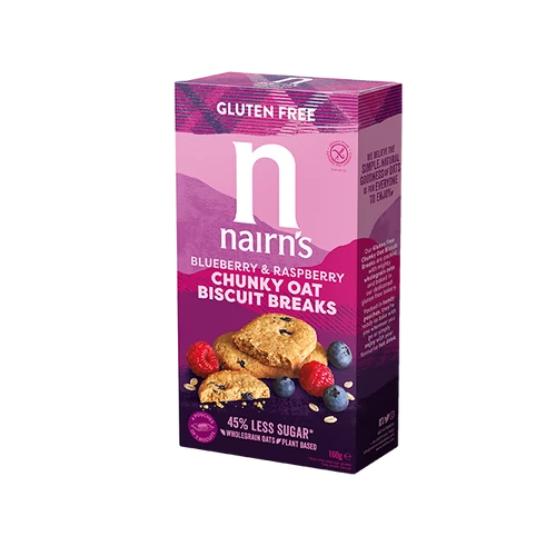 Nairns gluténmentes teljeskiőrlésű 62% rostdús zabkeksz áfonya&málna 160 g