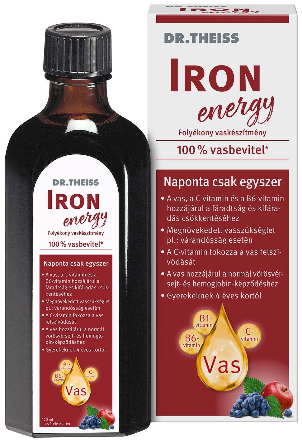 Dr.Theiss iron energy folyékony étrend-kiegészítő vassal és vitaminokkal, édesítőszerrel 250 ml