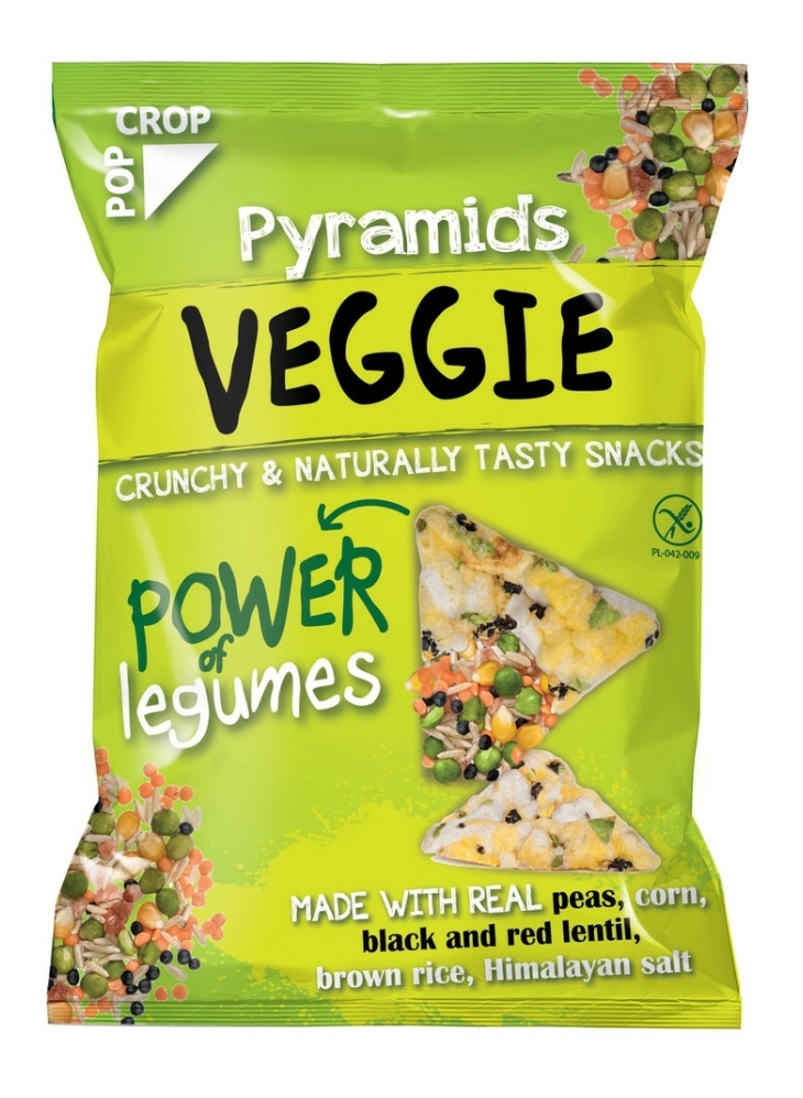 Popcrop veggie piramis snack valódi zöldborsóval, fekete és vörös lencsével gluténmentes 25 g
