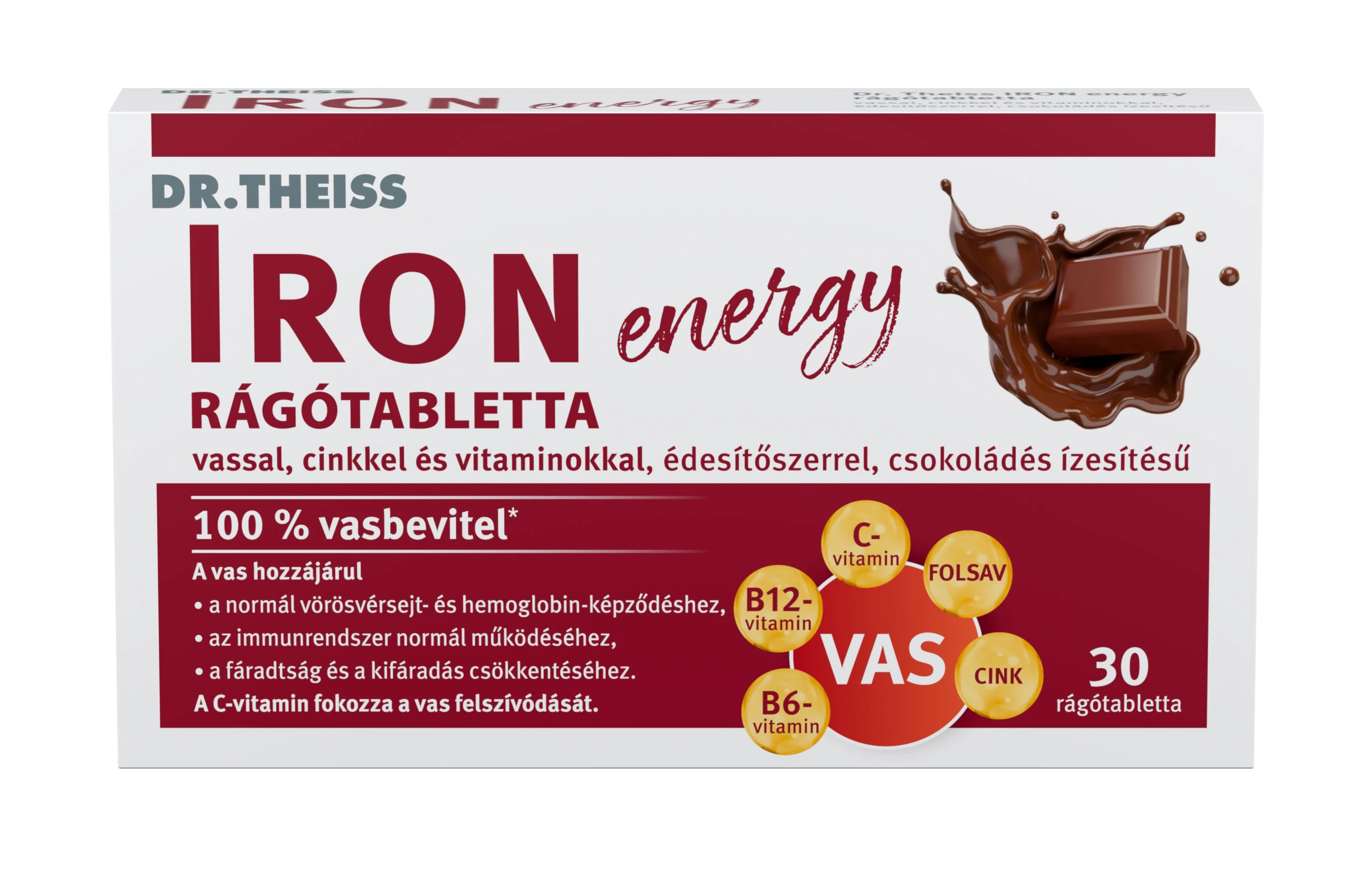 Dr.Theiss iron energy rágótabletta vassal, cinkkel és vitaminokkal csokoládé ízben 30 db