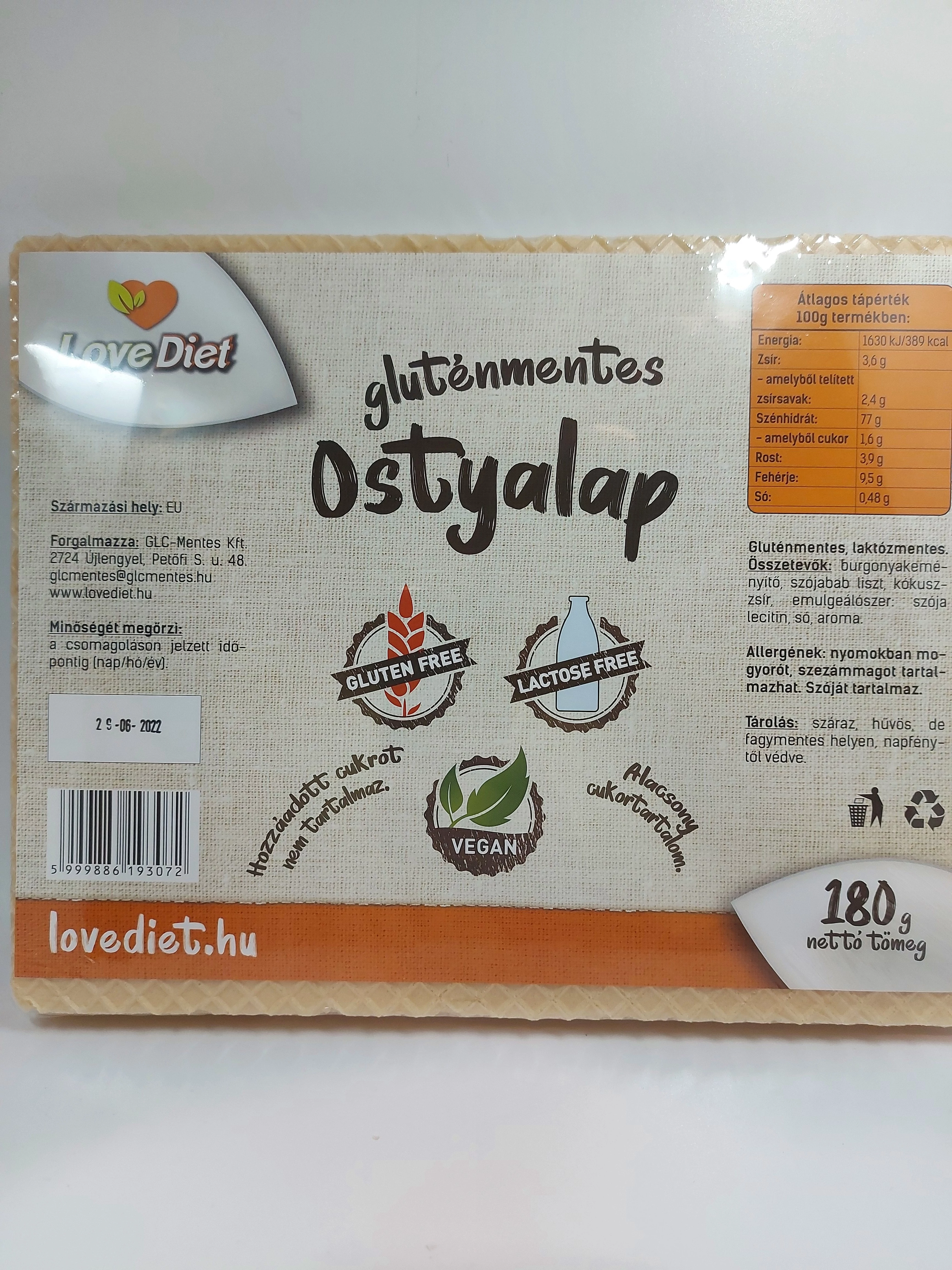 Lovediet gluténmentes ostyalap 180 g