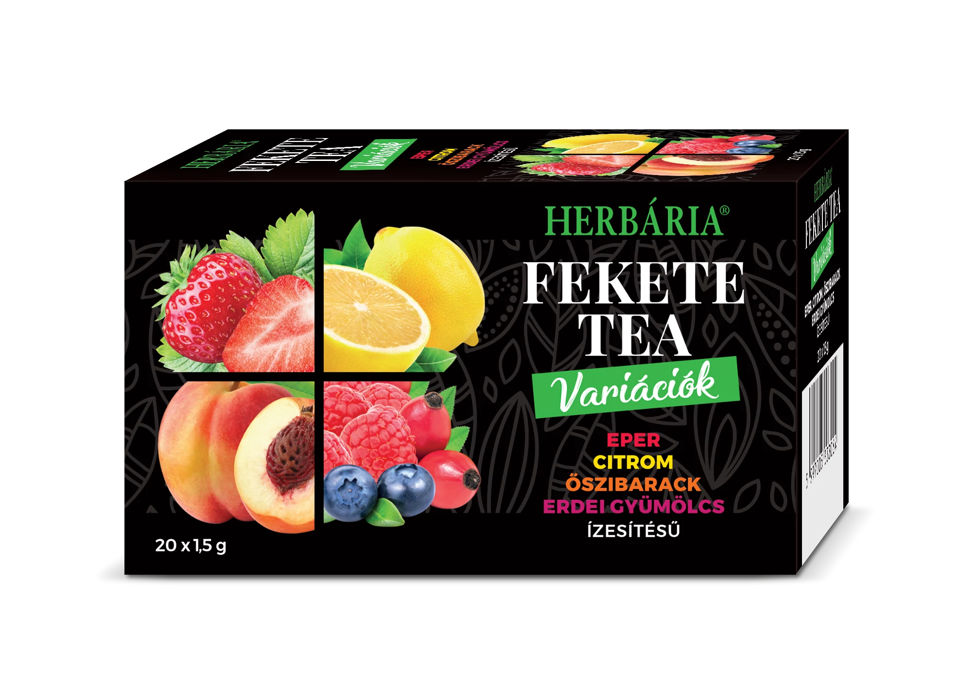 Herbária fekete tea mix fekete tea, erdei gyümölcs, barack, citrom, eper variáció 20x1,5g 30 g