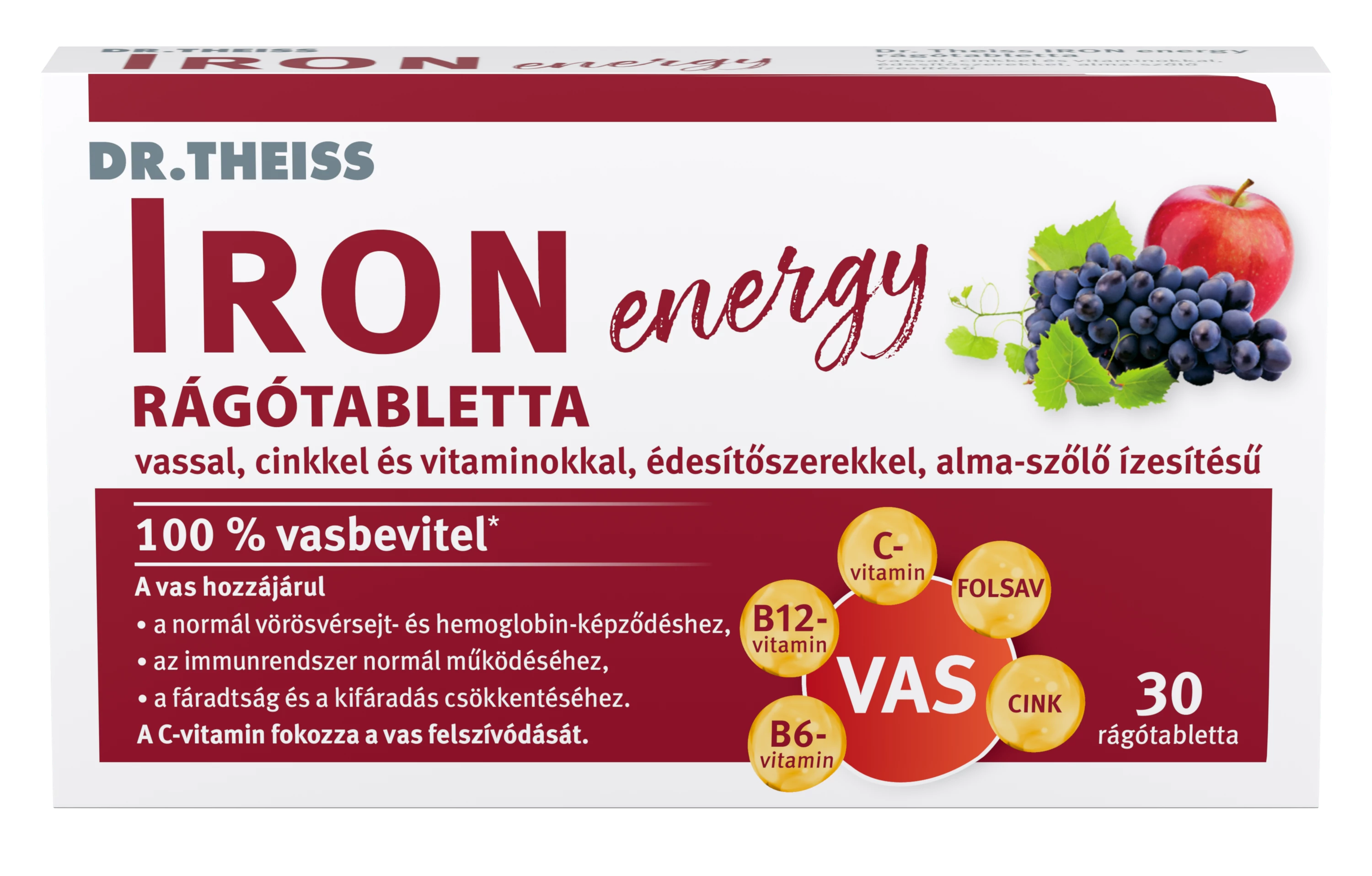 Dr.Theiss iron energy rágótabletta vassal, cinkkel és vitaminokkal alma-szőlő ízben 30 db