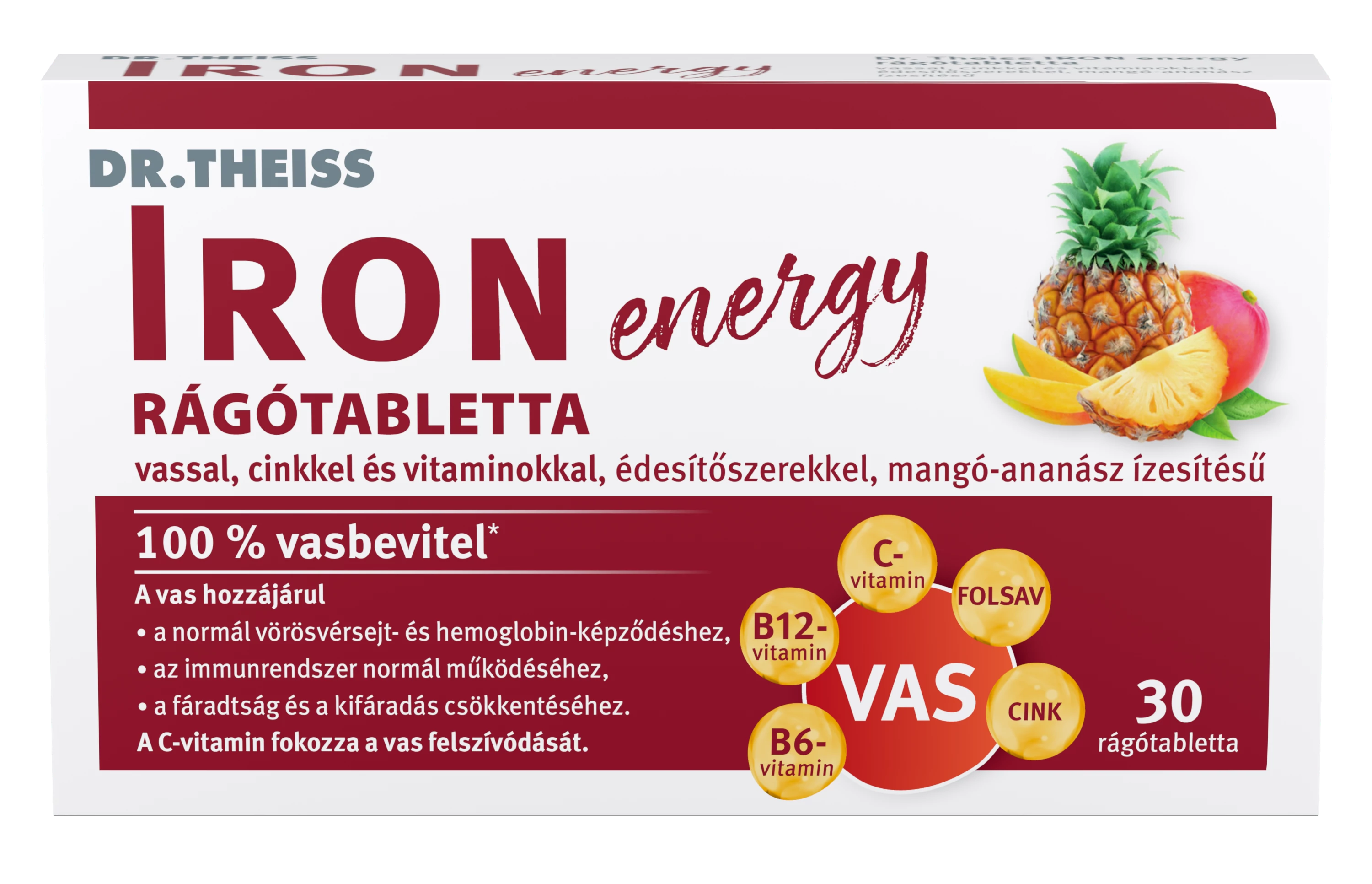 Dr.Theiss iron energy rágótabletta vassal, cinkkel és vitaminokkal mangó-ananász ízben 30 db